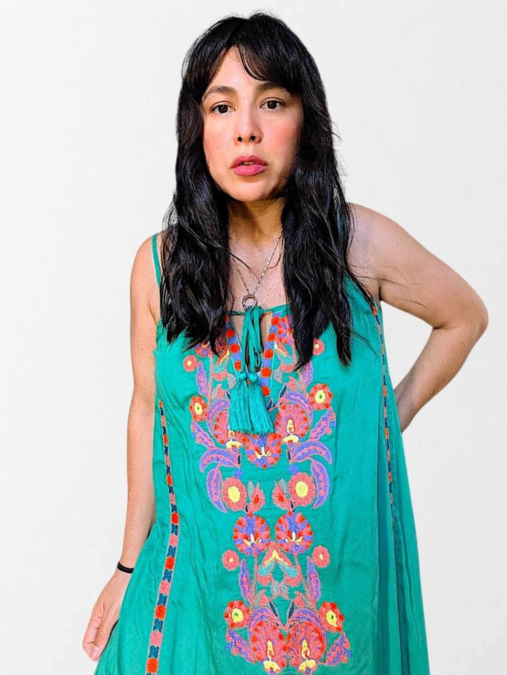 Sundance emerald green floral embroidered boho fairy cottage slip midi dress M